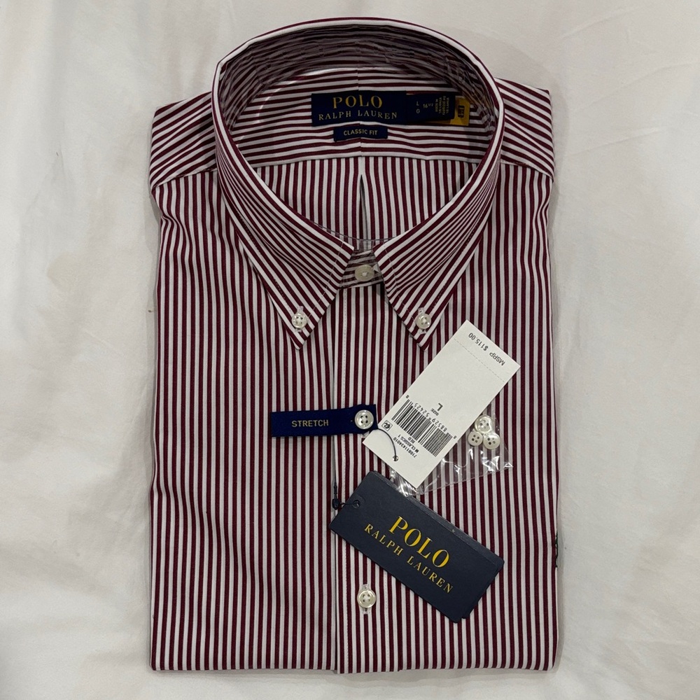 Polo by Ralph Lauren Men's Burgundy and White Striped Dress Shirt